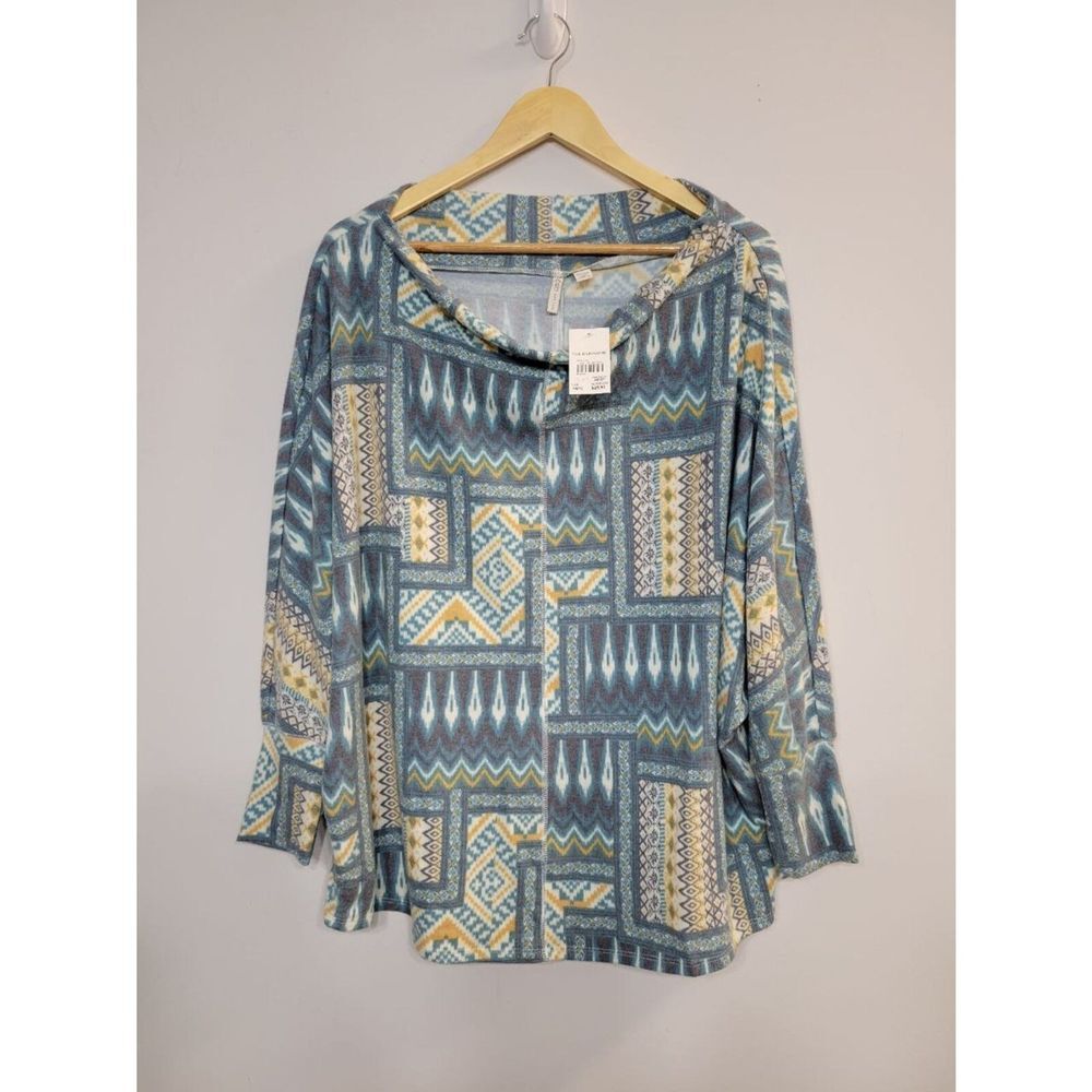 Cato Geometric Tropic Teal Scoop Neck Batwing Long Sleeve Women's 14/16W